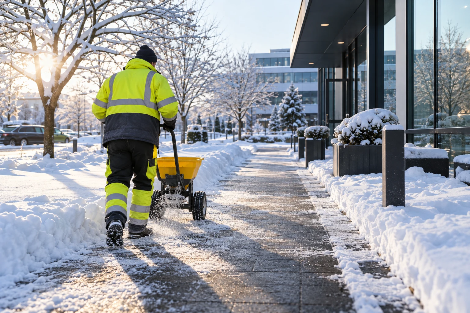 Winterdienst mit Streuwagen auf einem verschneiten Gehweg